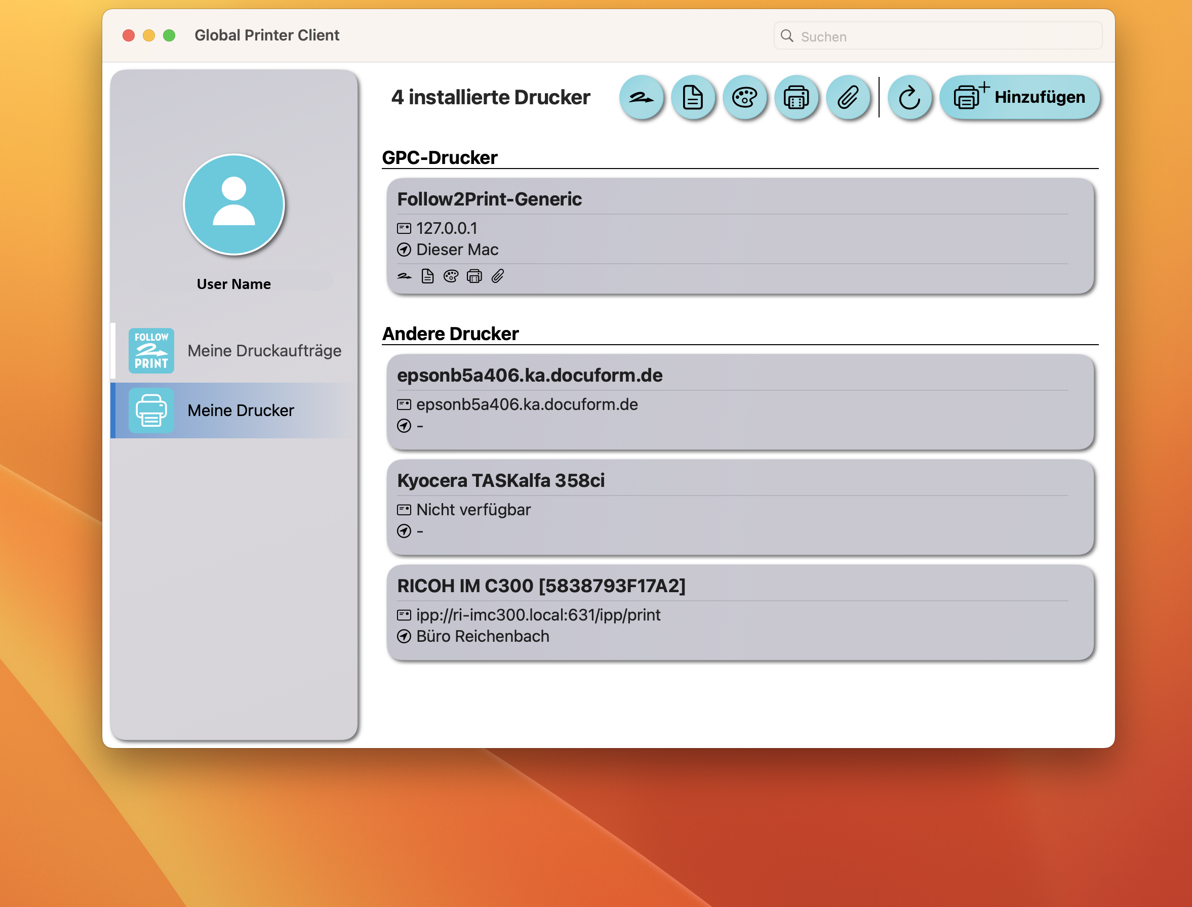 Ansicht der auf dem Mac instalierten Drucker im GPC
