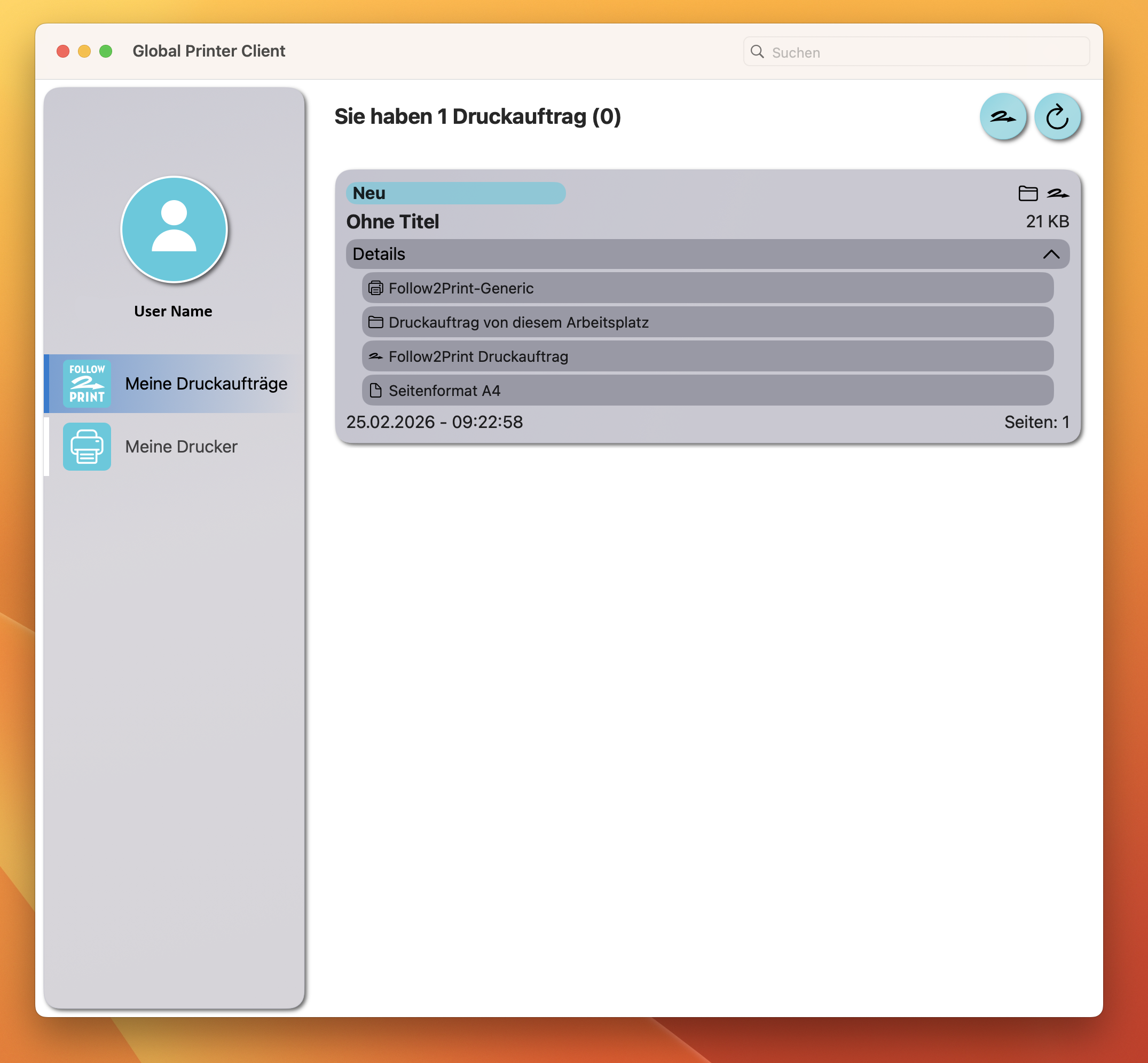 Global Printer Client für macOS – Follow2Print Druckaufträge Übersicht
