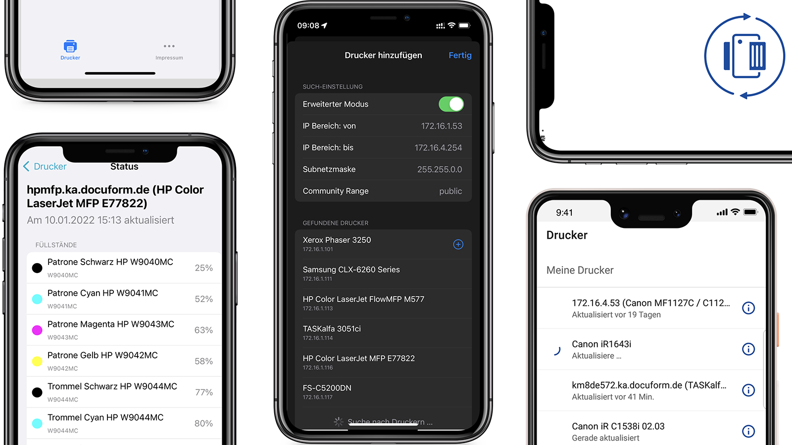 Different views of the Managed Print Services App