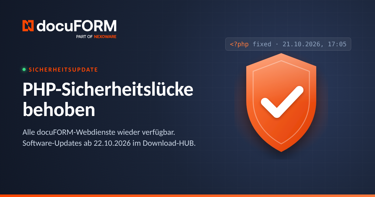 Orangefarbenes Schild mit Häkchen und dem Text: PHP-Sicherheitslücke behoben