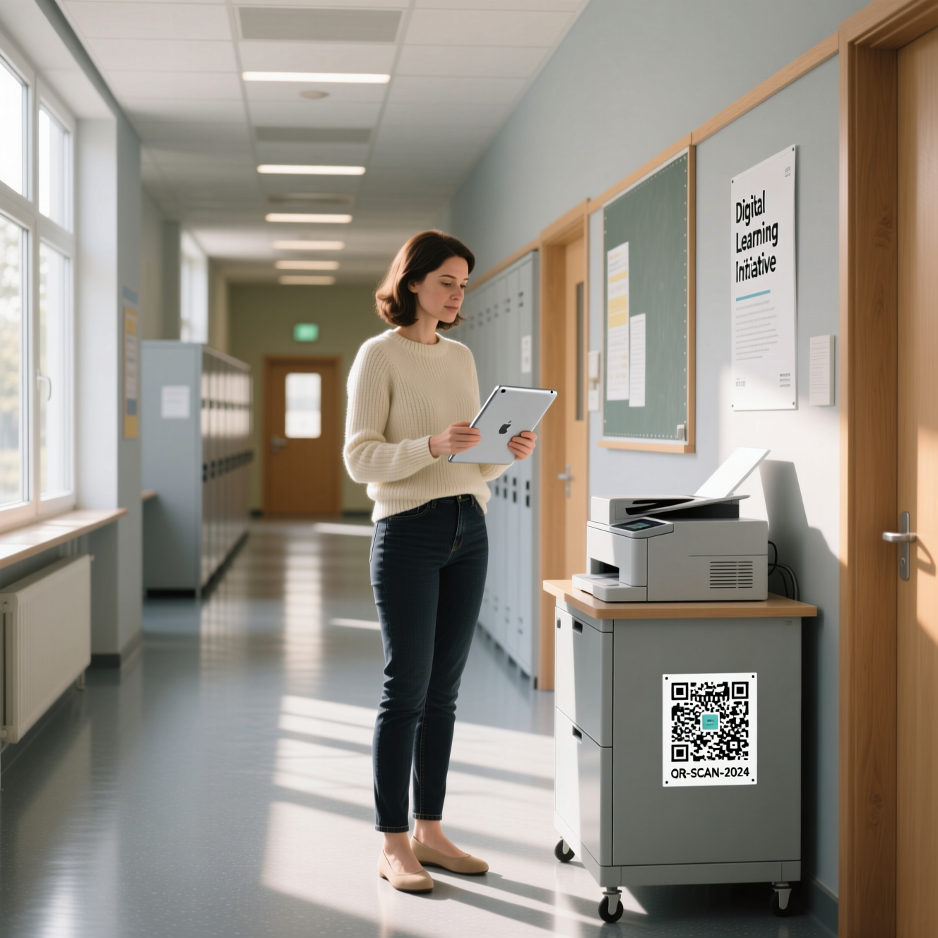 Eine Lehrerin hat ihren Unterricht auf dem iPad vorbereitet und druckt die Materialien nun in der Schule aus.