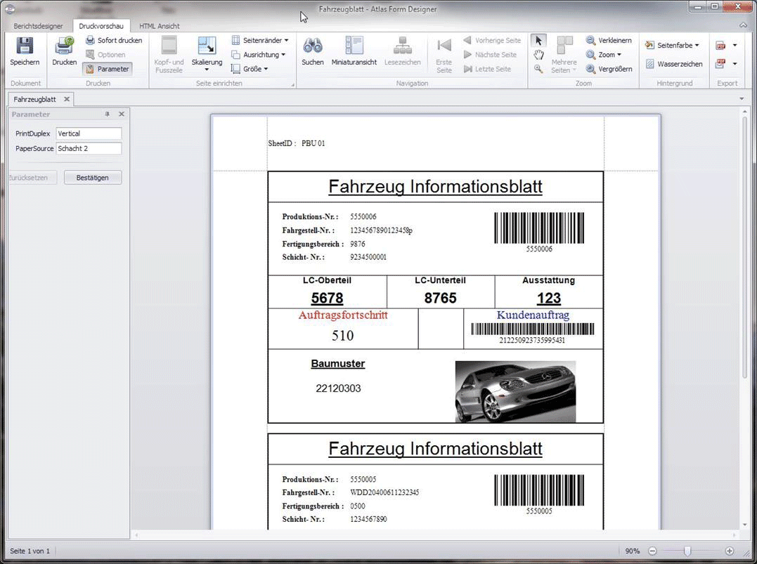 fertiges Formular in der Druckvorschau