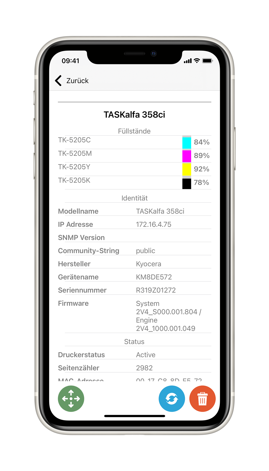 Die mobile MPS App listet die Füllstände Ihrer Toner, Seitenzähler und Geräteiformationen übersichtlich auf. Screenshot der Füllstandsübersicht in der MPS App