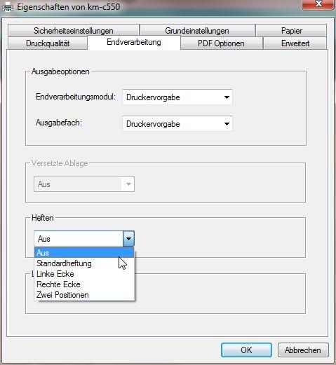 Einstellung der Druckendverarbeitung Heften mit den optionalen Blattpositionen