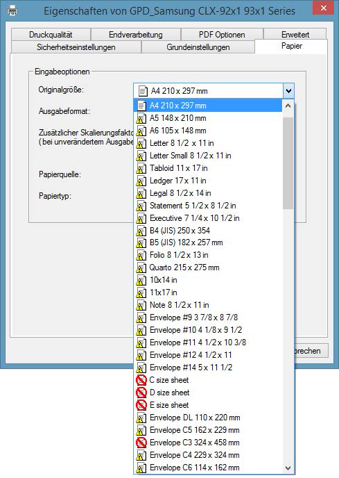 Papiereinstellungen des GPD