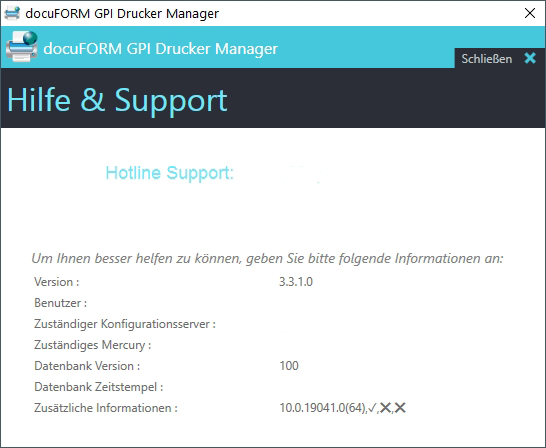 Der Hilfe & Support Screen zeigt Informationen zur installierten Softwareversion sowie zum zuständigen Fleet & Servicemanagement an.