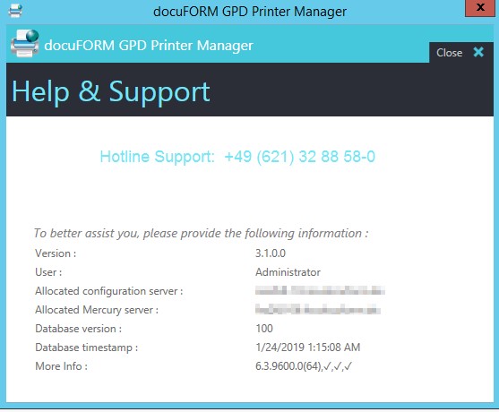 The Help & Support screen displays information about the installed software version and the responsible Fleet & Service Management.