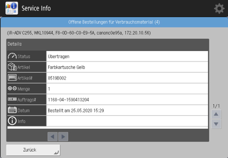 Detailansicht einer Kartuschenbestellung