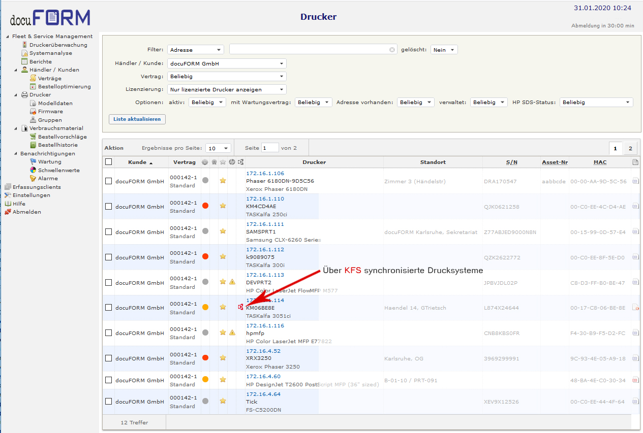 Screenshot of the printer list in Mercury Managed Print Services with KFS Integration